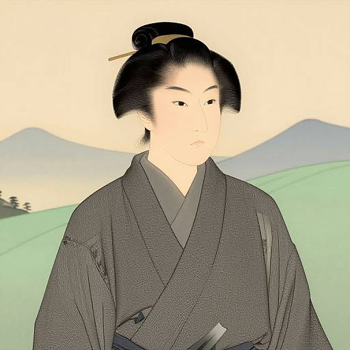 Digital illustration of a serious East Asian woman in traditional black kimono with a topknot hairstyle, set against a green and blue mountainous background.
