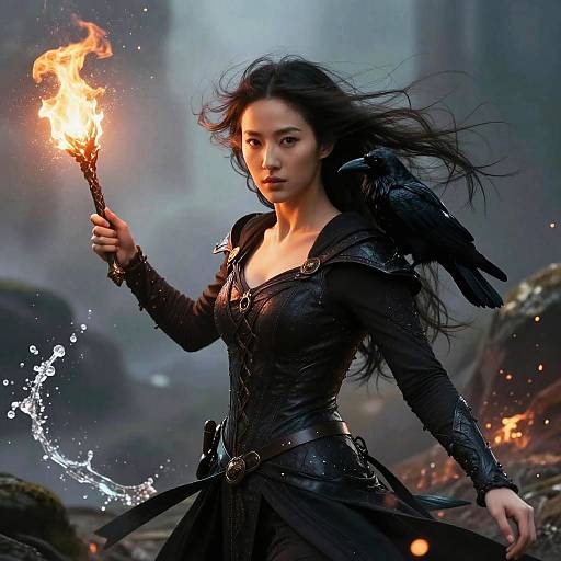 Digital fantasy artwork: Asian woman with long black hair, wearing black leather armor, holding a flaming torch, amidst a smoky, rocky battlefield.