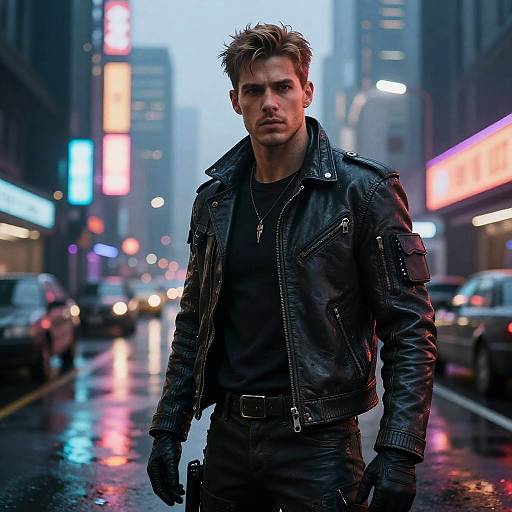 Photograph of a handsome, rugged man with spiked brown hair, wearing a black leather jacket and gloves, standing in a rainy, neon-lit urban