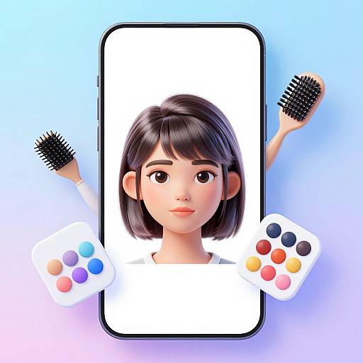 Digital art of a cute, animated girl with black bob haircut on a smartphone screen, surrounded by makeup brushes and color palette.