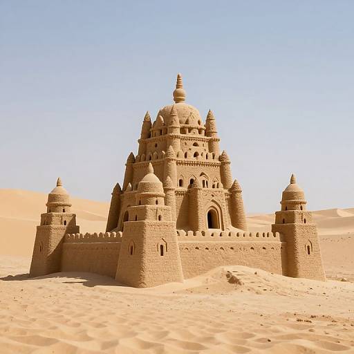 Digital CGI image of a sandcastle-style, multi-domed, desert palace with four turrets, archways, and intricate brickwork, set in