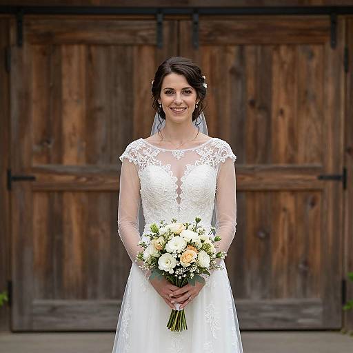 Photograph of a smiling bride in a white lace wedding dress with sheer sleeves, holding a bouquet of white and peach flowers, standing in front of a