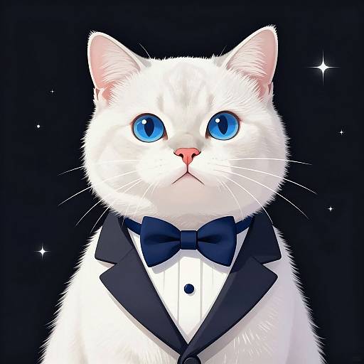 Digital illustration of a white cat with large blue eyes, wearing a black tuxedo and navy bow tie, against a black starry background.