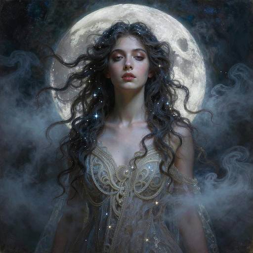 Haunting Moon Goddess with Starlit Hair