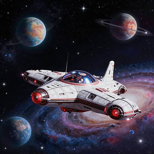 Digital illustration of a white, red-accented, twin-engine spaceship flying through a vibrant, star-filled galaxy with colorful planets and a swirling nebula