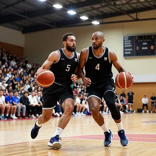 Photograph of two male basketball players in black uniforms, numbers 5 and 4, running with basketballs in an indoor gym.