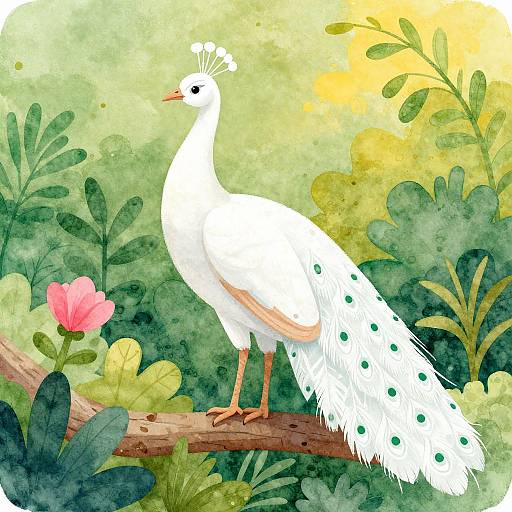 Watercolor illustration of a white peacock with green spots, standing on a branch, surrounded by lush green foliage and a pink lotus flower.