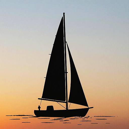 Silhouetted sailboat with two sails against a gradient sunset sky, transitioning from orange to blue. Calm water below. Digital artwork.