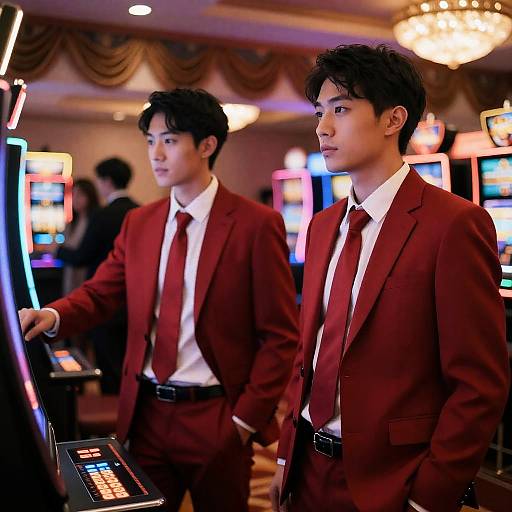 Men in Red Suits at Casino Slots