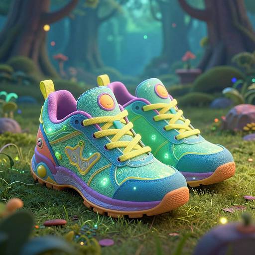 Vibrant, neon-lit sneakers with yellow laces and glowing accents sit on lush forest floor, surrounded by glowing mushrooms and soft light. Digital