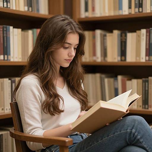 Photograph of a young woman with long brown hair, wearing a white sweater and blue jeans, reading a book in a library. Wooden bookshelves