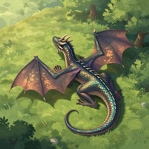 Iridescent Dragon on Verdant Hillside