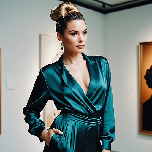 Elegant Model with Twisted Updo in Satin Jumpsuit