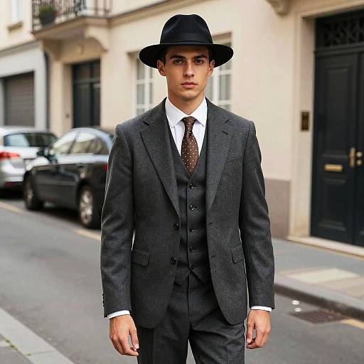 Photograph of a young man in a dark gray three-piece suit, white shirt, brown tie, and black hat, standing on a city street with