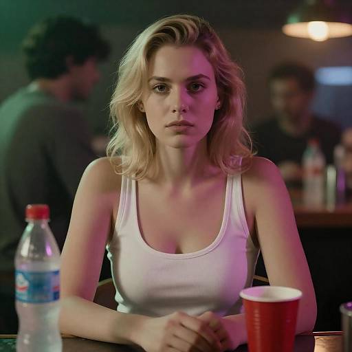 Blonde Woman Sitting at Bar with Red Cup