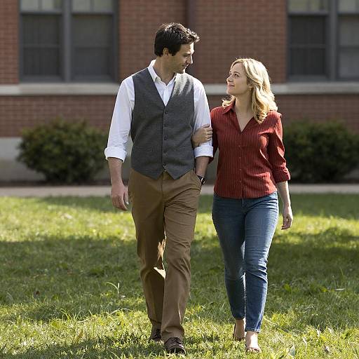 Couple Strolling on a Sunny Lawn