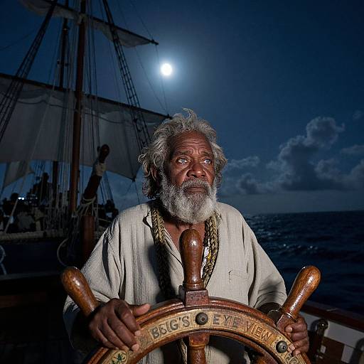 Photograph of an elderly Indian man with gray beard, white hair, and traditional white shirt, gripping a wooden ship's wheel at night under a full