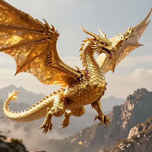 Golden dragon with shimmering scales, large wings, and sharp claws soaring over a mountainous landscape under a bright, cloudy sky. (Digital art)