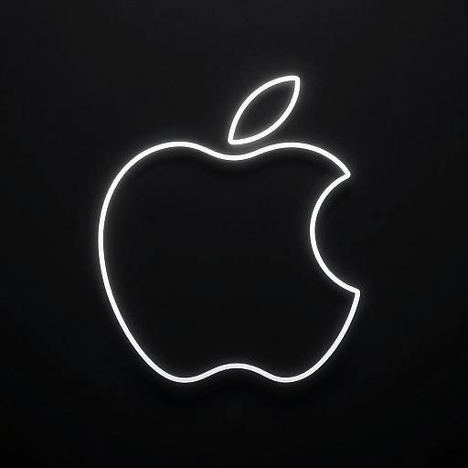 Neon-style white Apple logo outline against a solid black background, centered, with a small leaf on the top right.