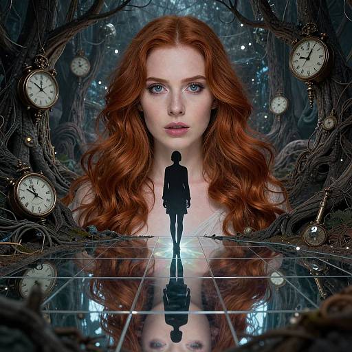 Digital artwork: A red-haired woman with ethereal blue eyes stands amidst a forest of twisted trees, surrounded by floating clocks, with a black silhouette figure