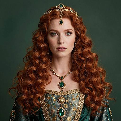 Photograph of a fair-skinned, red-haired woman with long curly hair, wearing a gold tiara, green gemstone necklace, and ornate