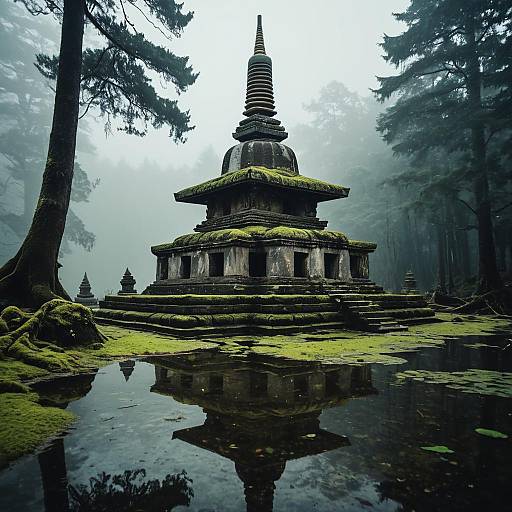 Moss-Covered Buddhist Stupa in Foggy Forest