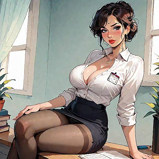 Digital art of a curvy, fair-skinned woman with black hair, wearing a white blouse, black skirt, and thigh-high stockings, sitting at