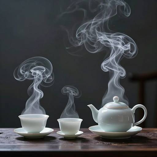 Photograph of a white porcelain teapot and two cups with wisps of steam rising, set on a dark wooden table.
