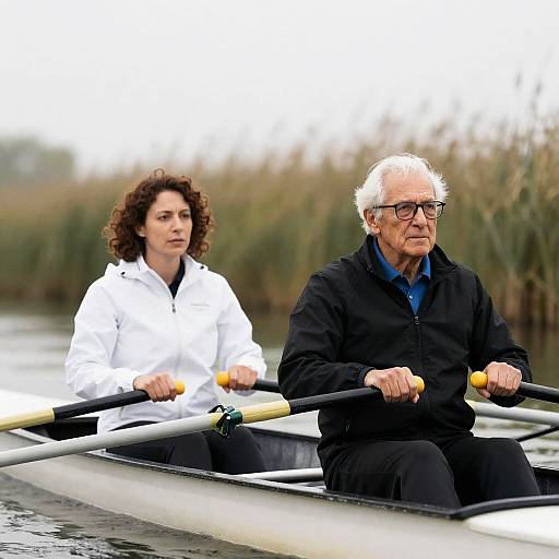 Elderly Couple Rowing on Overcast Water