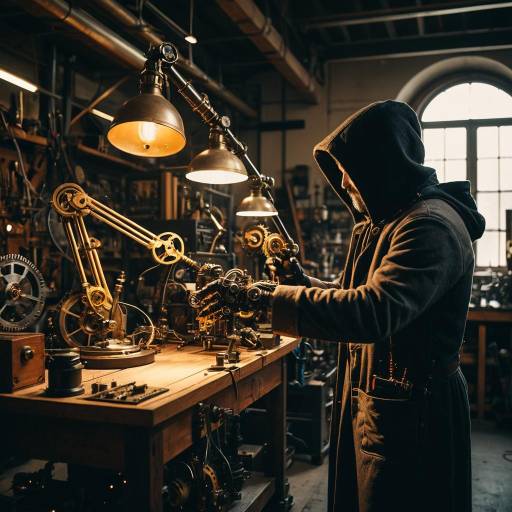 Hooded Steampunk Inventor Adjusting Mechanical Arm