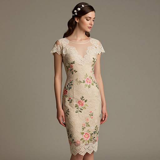 Elegant Woman in Floral Embroidery Dress