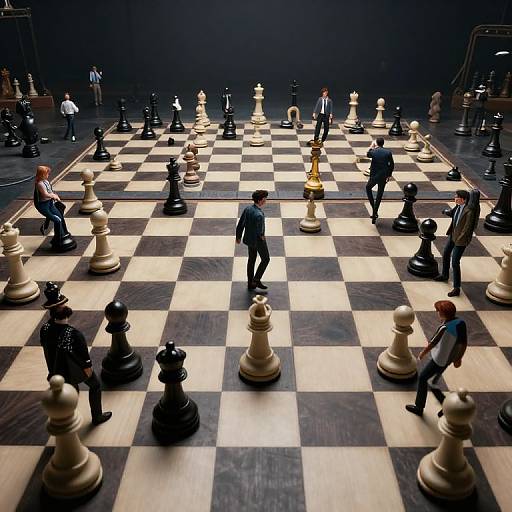 Photograph of a large chessboard with oversized pieces, featuring miniature human figures in suits standing on each square, playing a giant chess game in a dim