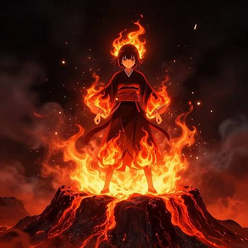 Digital anime-style illustration of a dark-haired girl in a black kimono standing on a fiery volcanic peak, surrounded by bright orange flames and glowing red lava