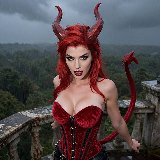 Photograph of a red-haired woman with devil horns and tail, wearing a red velvet corset, standing on a rainy, cloudy, forested balcony