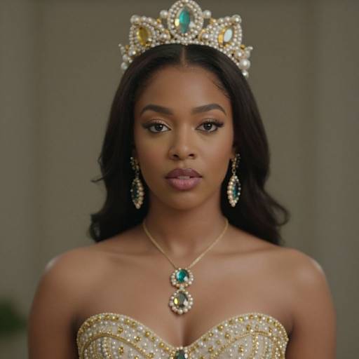 Photograph of a Black woman with dark skin wearing a sparkling gold and diamond tiara, matching necklace, and earrings, with a strapless, be