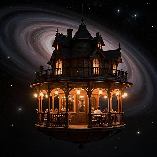 Photograph of a glowing, ornate, Victorian-style gazebo with warm lights, floating in a dark, starry sky with a swirling nebula