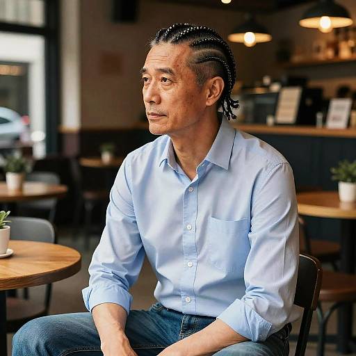 Photograph of an Asian man with braided hair, wearing a light blue button-up shirt and jeans, sitting in a cozy café. Background includes wooden