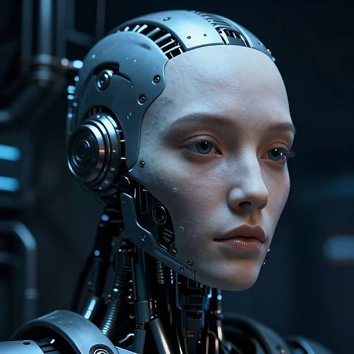CGI image of a pale-skinned, blue-eyed female android with metallic head and neck, detailed gears, and intricate mechanical components, illuminated by blue