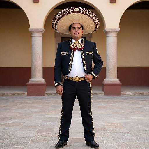 Photograph of a young man in a traditional Mexican charro suit, including a large sombrero, standing confidently in a colonial-style courtyard with arches