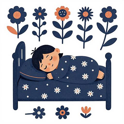Cartoon-style illustration of a sleeping child in a navy bed with white flowers, surrounded by colorful flowers, on a white background.