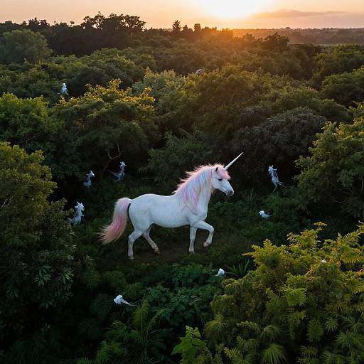 Photograph of a white unicorn with a pink mane and tail, standing amidst dense green foliage at sunset, surrounded by small white birds.