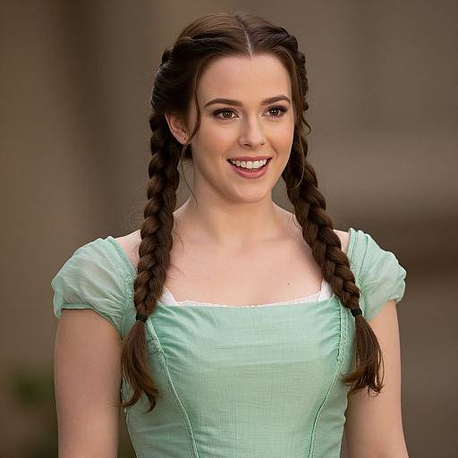 Photograph of a young woman with fair skin, brown eyes, and long brown hair in two braids, wearing a light green, puffed-s