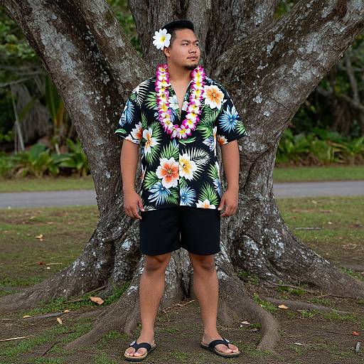 Photograph of a short, Asian man with a medium build, wearing a black floral shirt, black shorts, sandals, and a colorful lei, standing