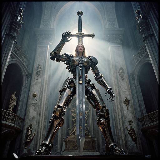 Photorealistic CGI: A robotic woman with metallic limbs stands in a dark, gothic cathedral, holding a glowing sword, illuminated by ethereal light