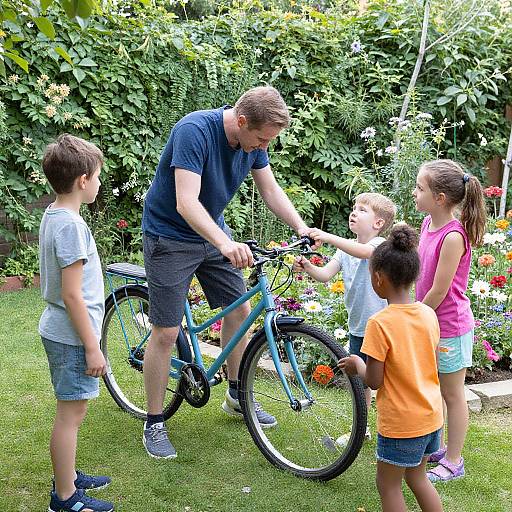 Dad Fixing Bike in Sunny Garden