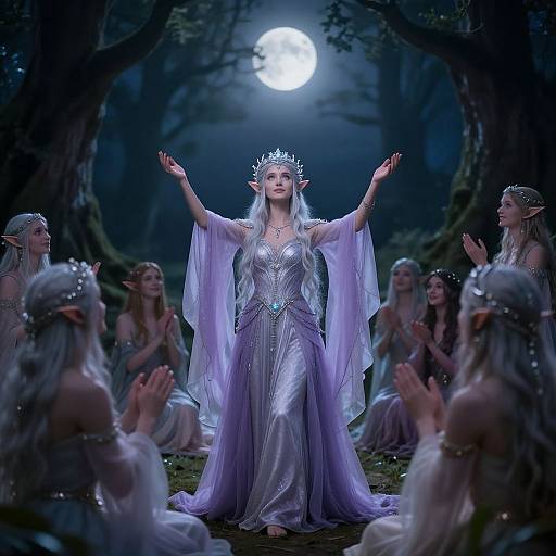 Photograph of a moonlit forest scene with a silver-armored, elven queen in a flowing gown, crowned with a silver tiara, arms