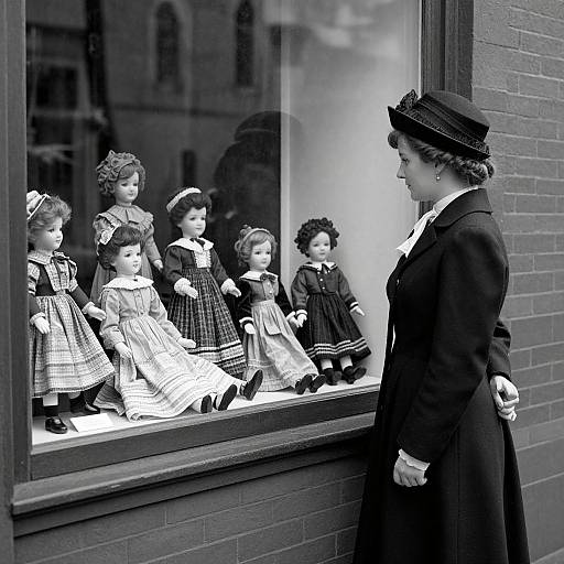 Black-and-white photograph of a woman in vintage attire, standing in front of a window display of antique dolls in 19th-century dresses.