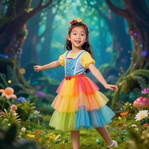 Digital illustration of a joyful Asian girl in a rainbow tutu and blue pinafore, wearing a flower crown, dancing in a vibrant, magical forest