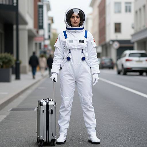 Photograph of a person in a white astronaut suit with a helmet, standing on a city street, pulling a silver suitcase. Urban background with blurred buildings