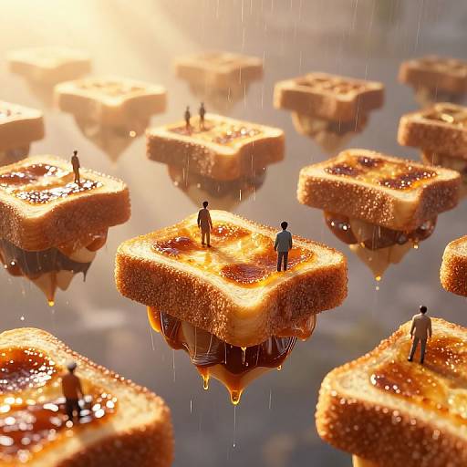 Digital art: Miniature people stand on floating, golden-brown, sugary toast slices with melted honey, surrounded by rain, in a sunlit